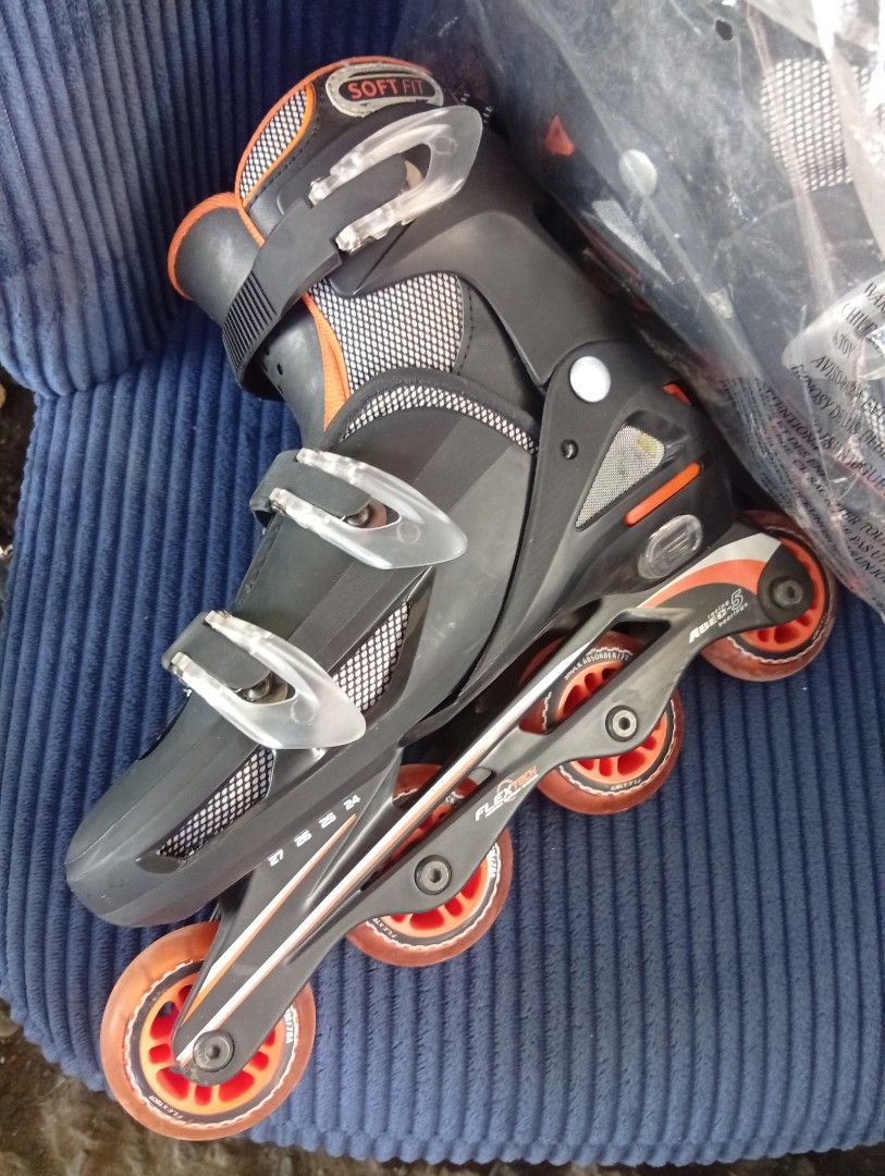 Flex Tech In-Line Skates Adjustable Size 24cm-27cm (Category: Skates, Rollerblades & Scooters) located in Davao. Submitted by lingxu23 (Listing ID 1469227934, Image 2). Description: - Brand: Flex Tech Inline Skates - Color: Black and Orange - Size: Adjustable from 24cm to 27cm - Fit & Closure: Soft fit design with 3 secure buckle closures - Performance: Equipped with ABEC-5 carbon bearings and smooth orange wheels - Condition: Comes with original