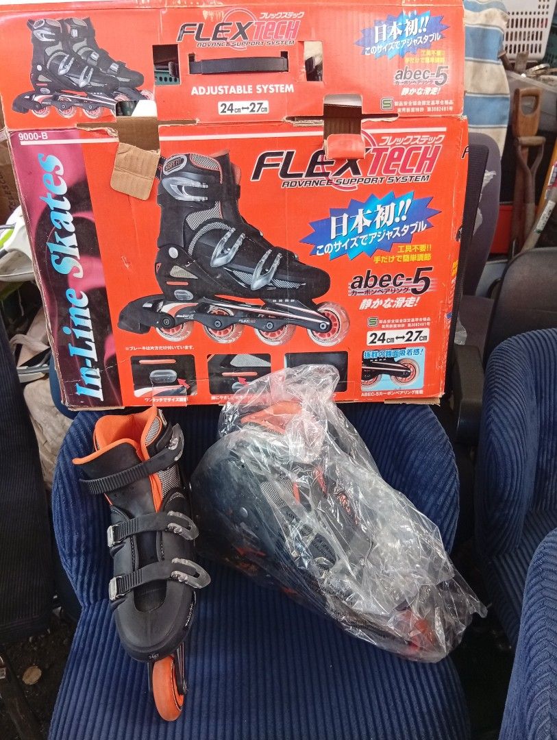 Flex Tech In-Line Skates Adjustable Size 24cm-27cm (Category: Skates, Rollerblades & Scooters) located in Davao. Submitted by lingxu23 (Listing ID 1469227934, Image 1). Description: - Brand: Flex Tech Inline Skates - Color: Black and Orange - Size: Adjustable from 24cm to 27cm - Fit & Closure: Soft fit design with 3 secure buckle closures - Performance: Equipped with ABEC-5 carbon bearings and smooth orange wheels - Condition: Comes with original