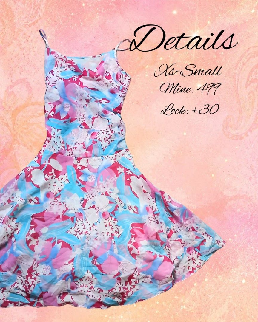 Floral spaghetti strap bias dress (Category: Dresses) located in Antipolo. Submitted by mochisky (Listing ID 1469227239, Image 2). Description: - Style: Flowy floral dress with a draped cowl neckline and flared skater skirt - Colors: Vibrant shades of pink, blue, and white - Details: Thin spaghetti straps, lightweight fabric, all-over pattern - Size: Fits extra small to small frames easily - Perfect for: Warm days, casual outings, and dates.