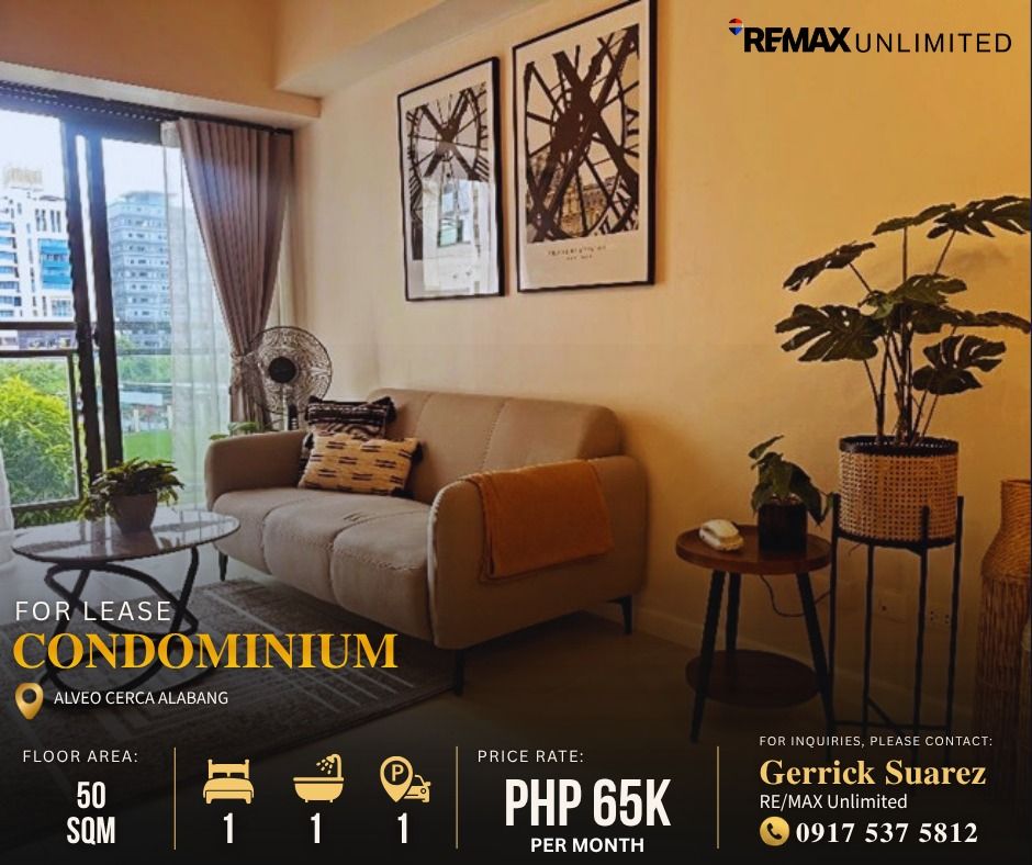 FOR LEASE - Alveo Cerca Alabang (Category: Apartments & Condos) located in Makati City. Submitted by REMAXUNLIMITEDPH (Listing ID 1469171733, Image 1). Description: FOR LEASE - Alveo Cerca Alabang Viento Alabang 💰P65,000/month 📐50 sqm | 1 Bedroom | 1 Bathroom 🚗With Parking ✅Fully furnished - modern interiors ✅Clean, well-maintained, move-in ready ✅Quiet, premium development INCLUSIONS: * Air conditioning * Refrigerator * Washing machine/Dryer 