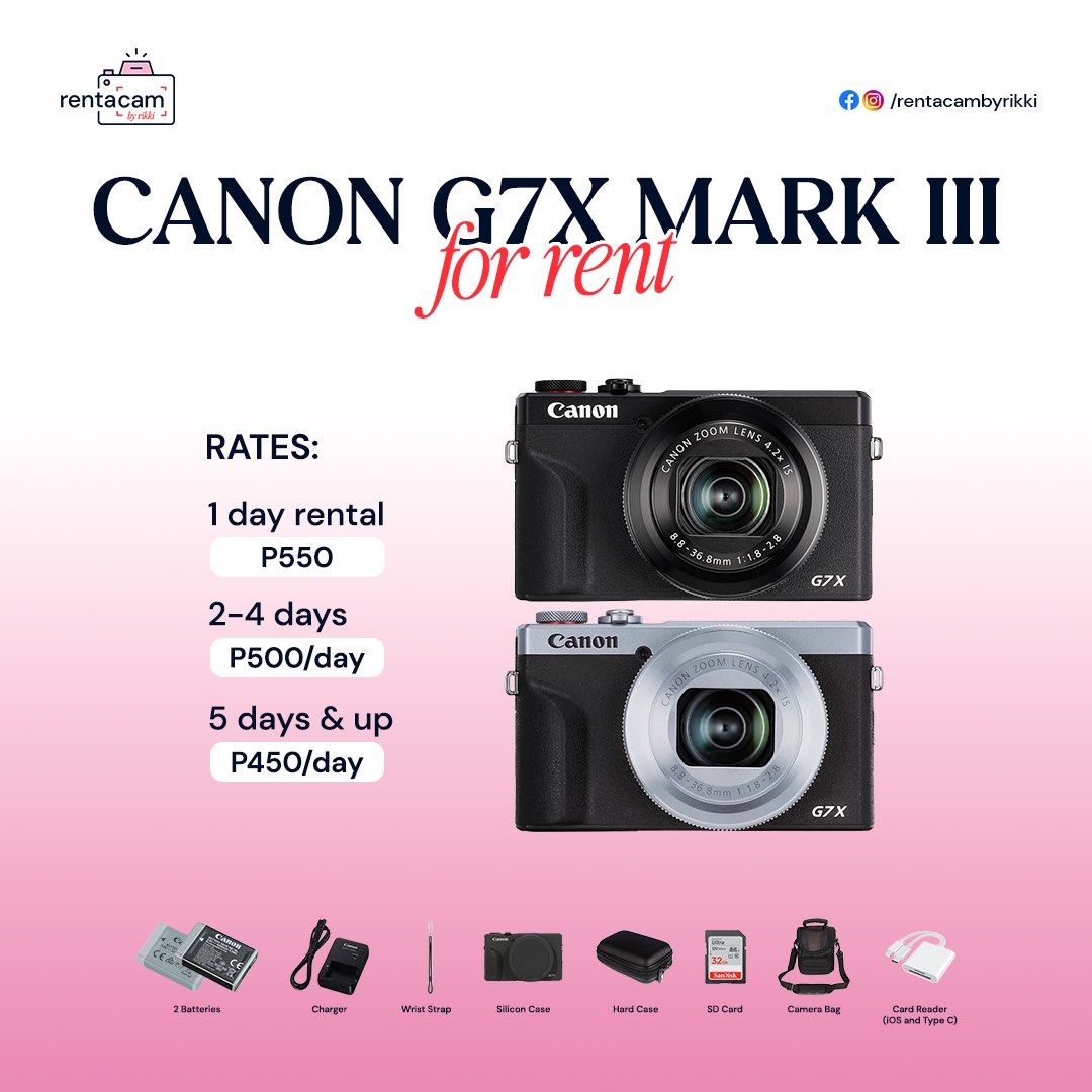 FOR RENT: Canon G7X Mark III (Category: Cameras) located in Pasig City. Submitted by __kimmy__ (Listing ID 1469194174, Image 1). Description: - Canon G7X Mark III camera rental for vlogs, travel, and events - 1 Day Rental: ₱550 - 2-4 Days Rental: ₱500 / day - 5 Days and Up: ₱450 / day - Complete Inclusions: 2 batteries, charger, wrist strap, silicon case, hard case, SD card, card reader and camera bag Add-On: Tripod (+100) subj to availability - 