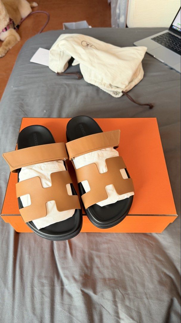 For Sale Authentic (Category: Sneakers & Footwear) located in Pateros City. Submitted by juliettt23 (Listing ID 1469165824, Image 3). Description: Authentic Hermès Chypre Sandals in Gold 🌺 Size 38.5 ( Will Fit To Size 38 Feet ) 🌺 Unused / Just Fit 🌺 Comes With Store Receipt Purchased in Hermes SG, Dustbags and Box 🌺 Selling This for Only 58K 🥹🥹🥹.
