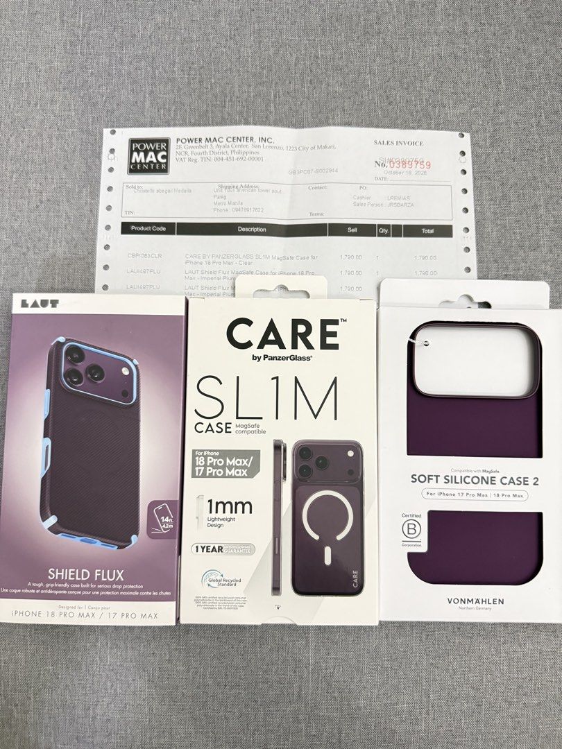 For sale Iphone 18 pro max cases Sealed (Category: Cases & Sleeves) located in Manila. Submitted by Gael12 (Listing ID 1469166791, Image 1). Description: For sale Cases for Iphone 18 pro max Brandnew and sealed With receipt from powermac Laut - 1300 Care slim case - 1300 Vonmahlen - 1800.