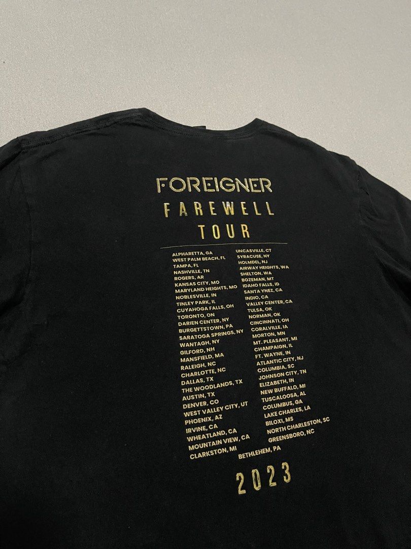 Foreigner Farewell Tour Shirt (Category: Tshirts & Polo Shirts ) located in Bulacan. Submitted by sanjisthrift (Listing ID 1469306859, Image 2). Description: Size Large Width 21.5 Length 28 Very Good Condition 9/10 Slightly fade Minor hairline.