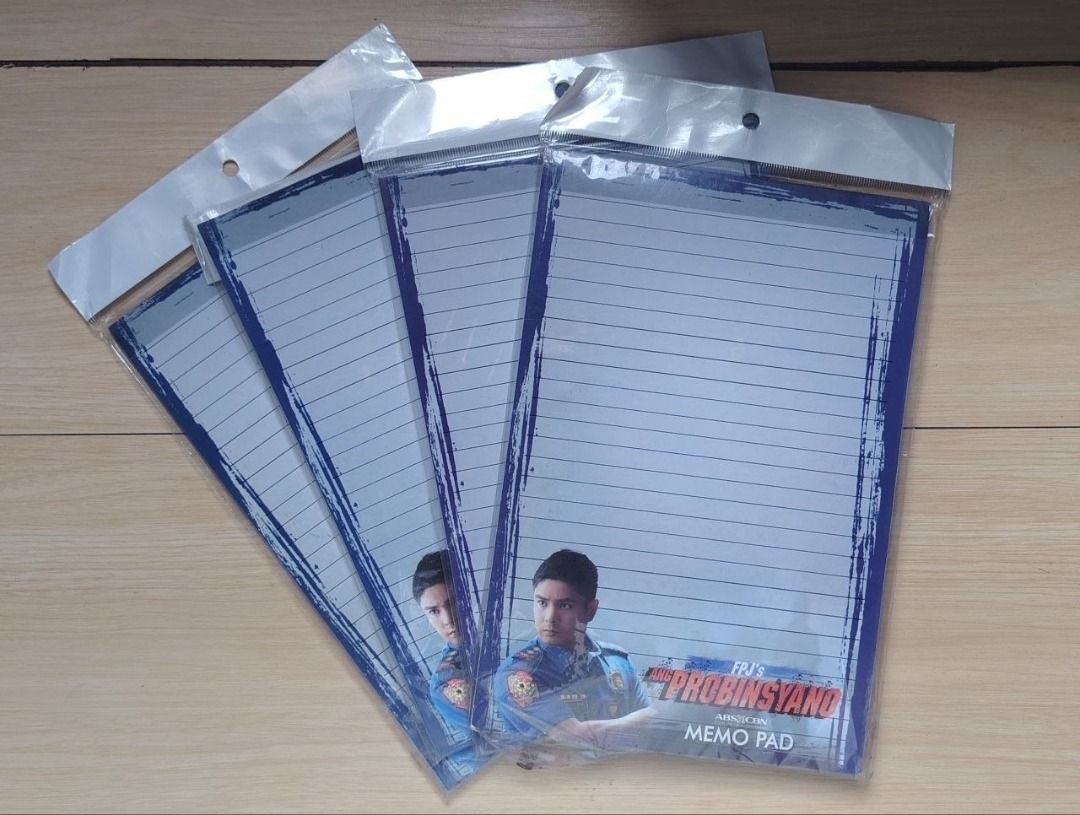 FPJ's Ang Probinsyano Memo Pad Set (Category: Stationery & School Supplies) located in San Mateo. Submitted by carl_240 (Listing ID 1469195341, Image 1). Description: - Item: FPJ's Ang Probinsyano Memo Pads - Quantity: 4 pads 50 pesos each - Condition: Brand new, unused, and still sealed in plastic - Features: Features Coco Martin design with lined pages inside - Perfect for: Ultimate fans and TV show memorabilia collectors.