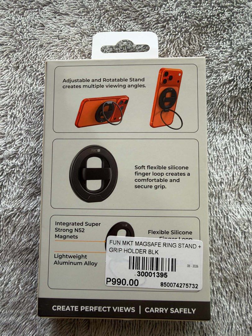 Function101 Magsafe Loop (Category: Other Mobile & Gadget Accessories) located in Quezon City. Submitted by skinniestdoctor (Listing ID 1469238759, Image 2). Description: - Brand: Function101 - Model: MagSafe Loop / Multi-Position Ring Stand + Silicone Grip Holder - Color: Black - Condition: Brand New in Box - Features: Adjustable and rotatable stand for multiple viewing angles, 360-degree ring rotation, soft flexible silicone finger loop for a c
