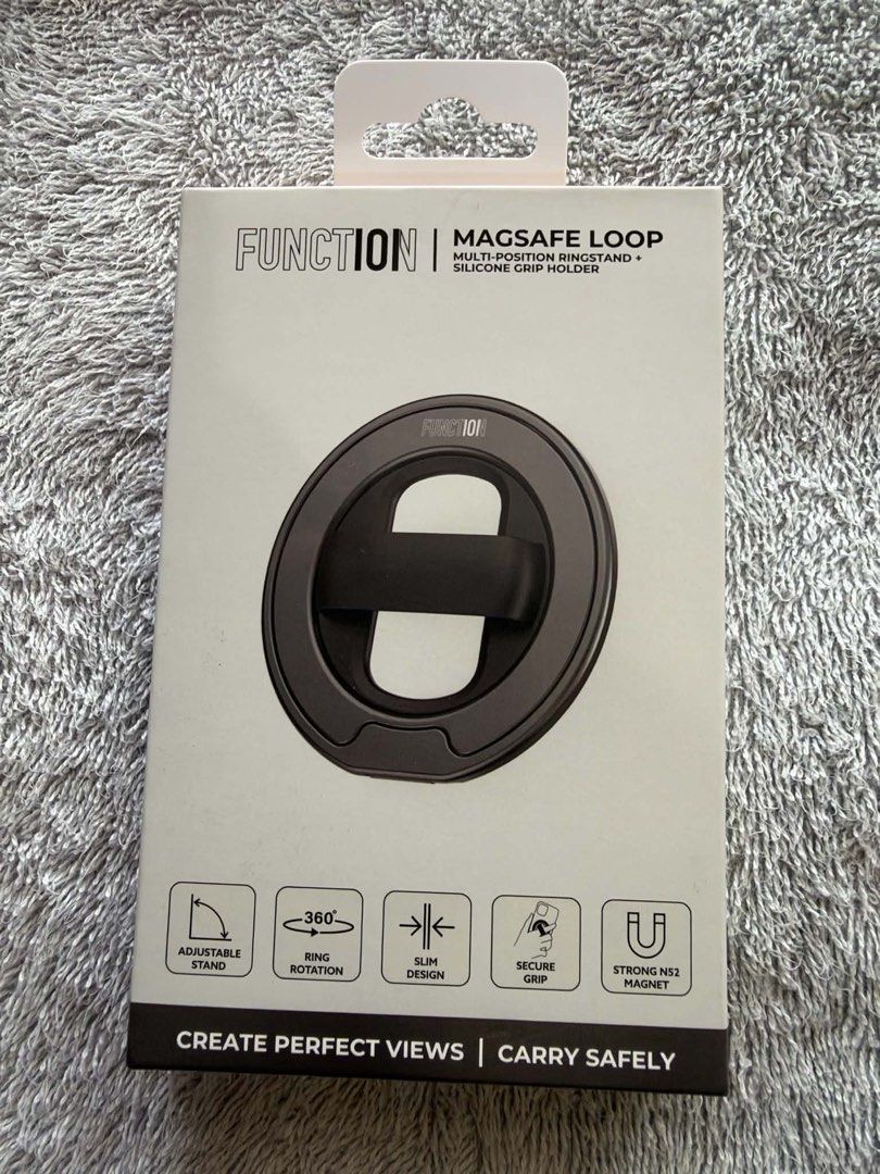 Function101 Magsafe Loop (Category: Other Mobile & Gadget Accessories) located in Quezon City. Submitted by skinniestdoctor (Listing ID 1469238759, Image 1). Description: - Brand: Function101 - Model: MagSafe Loop / Multi-Position Ring Stand + Silicone Grip Holder - Color: Black - Condition: Brand New in Box - Features: Adjustable and rotatable stand for multiple viewing angles, 360-degree ring rotation, soft flexible silicone finger loop for a c