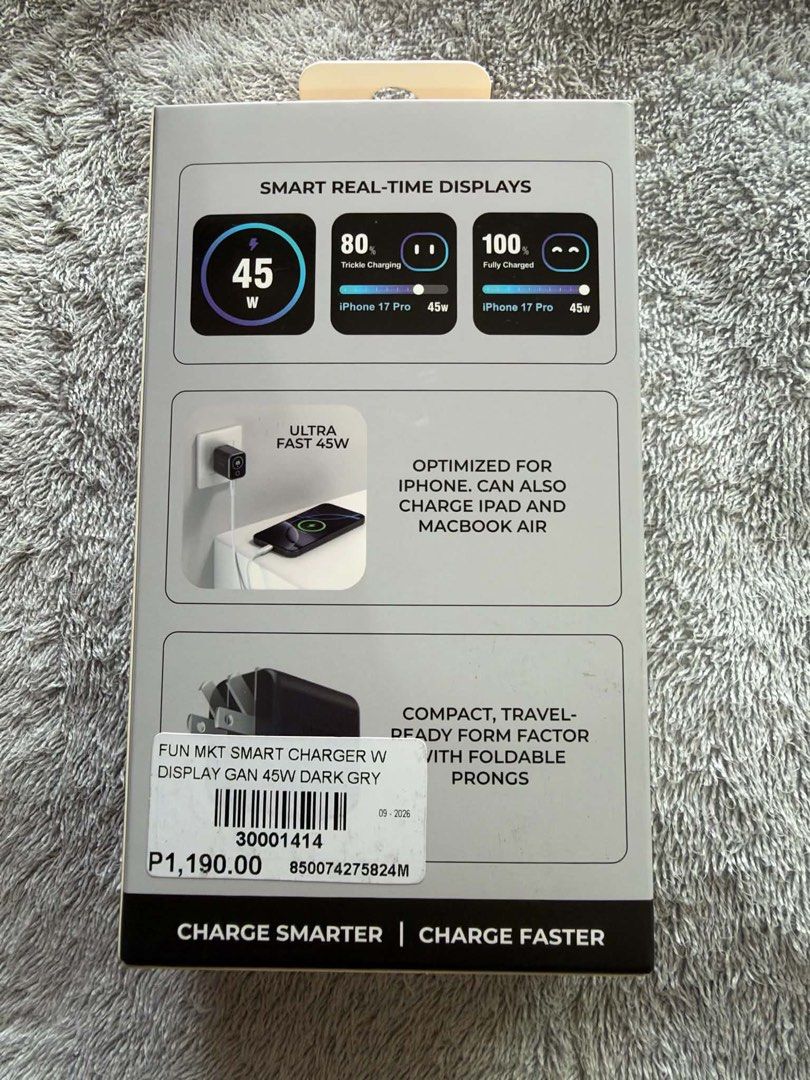 Function101 Smart Charger 45W (Category: Chargers & Cables) located in Quezon City. Submitted by skinniestdoctor (Listing ID 1469239126, Image 2). Description: - Brand new Function101 Smart Charger 45W GaN Power Adaptor (Dark Grey) - Features smart real-time touch screen digital display - PD Fast Charging with 45W maximum output via USB Type-C - Compact, travel-ready design equipped with convenient foldable prongs - Optimized for iPhone, and comp