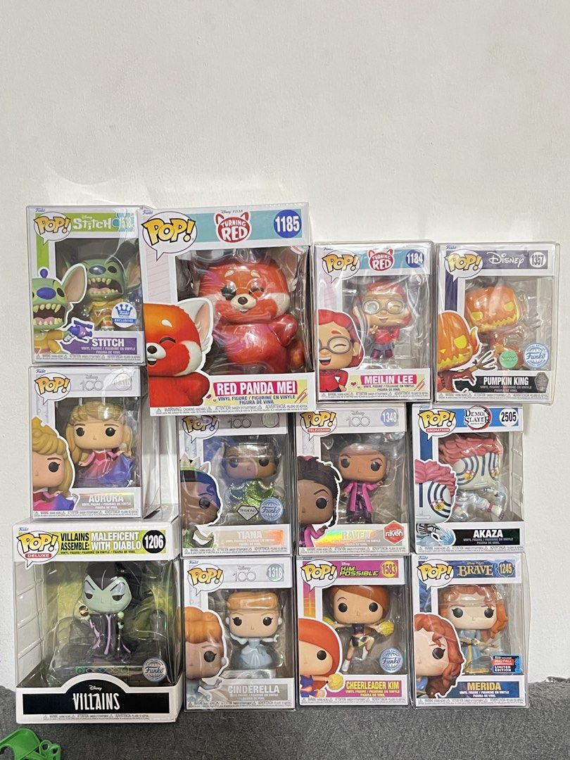 Funko Pop Disney Figures (Category: Designer & Blind Box Toys) located in Manila. Submitted by mazerunnr (Listing ID 1469308807, Image 1). Description: - Funko Pop collection featuring popular characters - Characters include Disney, Turning Red, Stitch, Tiana, Raven, Akaza, Pumpkin King, Aurora, Maleficent, Cinderella, Cheerleader Kim, and Merida - Perfect for collectors - Available as a whole set or individual pieces (message for availability) T