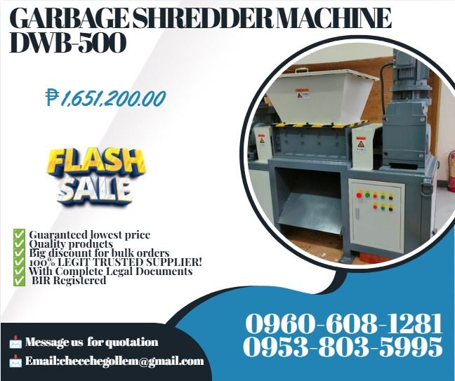 GARBAGE SHREDDER MACHINE DWB-500 (Category: Everything Else Others) located in Caloocan City. Submitted by francineja42756 (Listing ID 1469170053, Image 1). Description: ◎Motor: 3-phase, 380V, 50Hz ◎Power: 7.5KW-4, Double motor ◎Reducer: JL4#-15(double) ◎Input speed: 15 rpm ◎Input torque: 9148Nm ◎Input shaft Dia.: Φ70 ◎Blade size: Φ200*20 ◎Blade material: 9CrSi ◎Blade Qty.: 24 Pcs. ◎Inlet size: 700*760*350 mm ◎Outlet width: 490 mm ◎Outlet height: