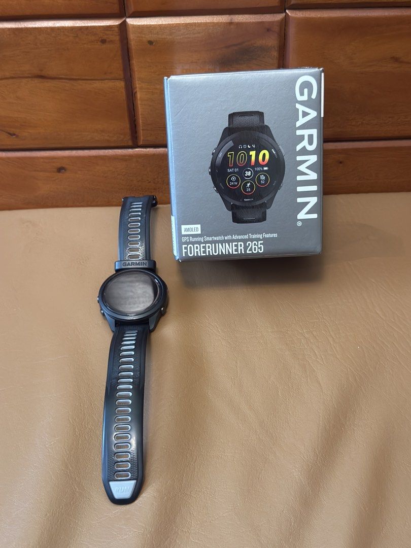 Garmin Forerunner 265 (Category: Cardio & Fitness Machines) located in Pasay City. Submitted by tatatadzzz (Listing ID 1469177146, Image 2). Description: Garmin Forerunner 265 Bought March 2025 (Garmin MOA) w/ box and receipt Slight scratch on the screen, no performance issues ₱15,000 (negotiable) meet up only MOP via Gcash/Gotyme/Bank Transfer RFS: decluttering .