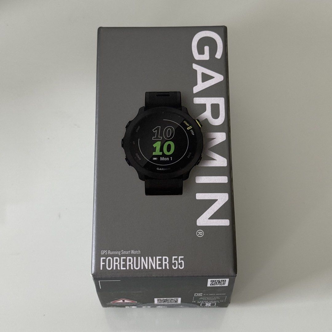 Garmin Forerunner 55 (Category: Wearables & Smart Watches) located in San Fernando. Submitted by 26finds (Listing ID 1469185449, Image 2). Description: Garmin Forerunner 55 GPS Running Smartwatch – Black Brand New • Built-in GPS • Wrist-based heart rate monitoring • Multiple sports and fitness tracking modes • Up to 2 weeks of battery life • 5 ATM water resistance Inclusions: Original box, charging cable, and manual..