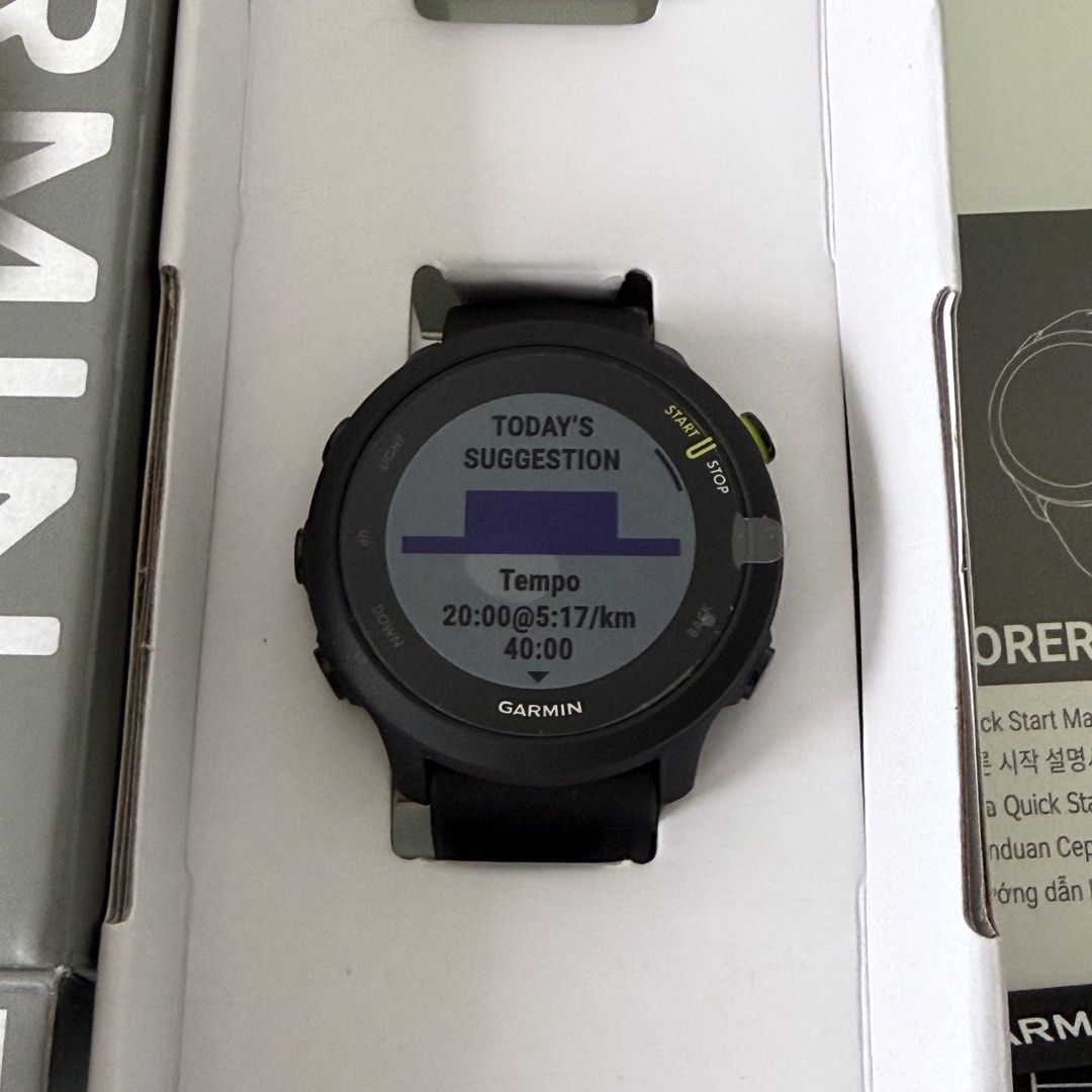 Garmin Forerunner 55 (Category: Wearables & Smart Watches) located in San Fernando. Submitted by 26finds (Listing ID 1469185449, Image 3). Description: Garmin Forerunner 55 GPS Running Smartwatch – Black Brand New • Built-in GPS • Wrist-based heart rate monitoring • Multiple sports and fitness tracking modes • Up to 2 weeks of battery life • 5 ATM water resistance Inclusions: Original box, charging cable, and manual..