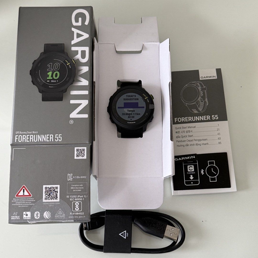 Garmin Forerunner 55 (Category: Wearables & Smart Watches) located in San Fernando. Submitted by 26finds (Listing ID 1469185449, Image 1). Description: Garmin Forerunner 55 GPS Running Smartwatch – Black Brand New • Built-in GPS • Wrist-based heart rate monitoring • Multiple sports and fitness tracking modes • Up to 2 weeks of battery life • 5 ATM water resistance Inclusions: Original box, charging cable, and manual..