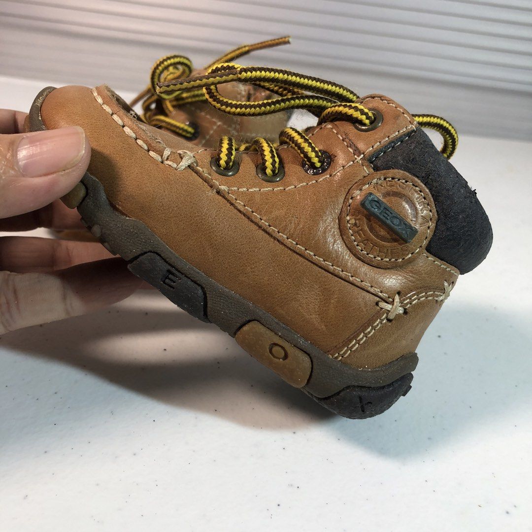 Geox Brown Leather Toddler Boots (Category: Boots) located in Manila. Submitted by all.dressed.up (Listing ID 1469170679, Image 2). Description: Brand: Geox toddler boots Material & Design: Brown leather with stylish yellow patterned laces Convenience: Side zipper for easy on and off - Condition: Dark padded ankle collar shows some cracking and flaking due to storage Strictly no return, no exchange WYSIWYG *Manage and limit your expectations when