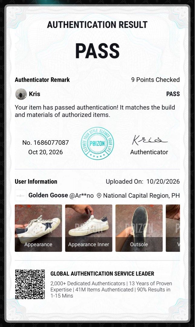 Original GGDB Golden Goose Superstar Size EU41 (Category: Sneakers) located in Manila. Submitted by mr_buysell (Listing ID 1468884876, Image 2). Description: 100% original - Passed Authentication by POIZON GGDB Golden Goose Superstar Suede Dark Blue Tab & Star Size EU41 - 26-26.5cm (Fits to US 9 Mens) Issue: Outsole cracks Sampaloc Manila area.
