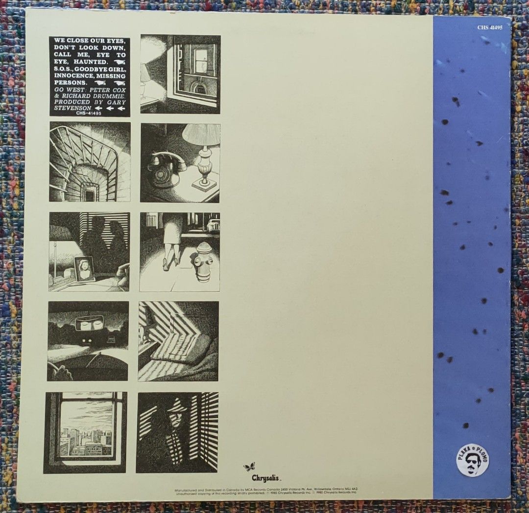 Go West - Go West LP Vinyl Record (Category: Vinyls) located in Quezon City. Submitted by plaka.o.plomo (Listing ID 1469230519, Image 2). Description: Artist(s) : Go West Album : Go West Year : 1985 Media : VG+ Color : Black Sleeve : VG+ No. : 1x Vinyl Size : 12" RPM : 33 Country : Canada Catalog No. : CHS 41495 Tracklist : - Side A 1. We Close Our Eyes 3:48 2. Don't Look Down 3:52 3. Call Me 4:13 4. Eye To Eye 3:32 5. Haunted 3:14 - Side B 1. S.