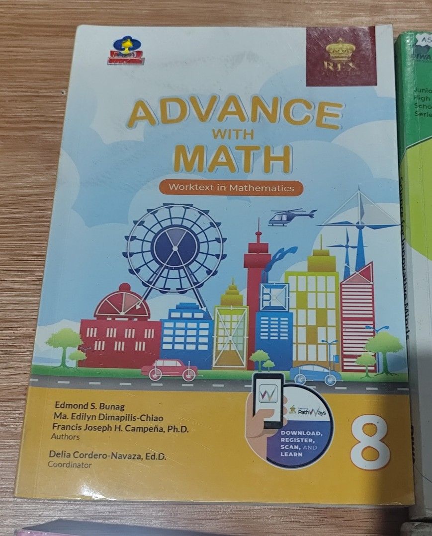 Grade 8 Junior High School Textbooks Bundle Mathematics Science History (Category: Textbooks) located in Manila. Submitted by b.cortes07 (Listing ID 1469252065, Image 1). Description: - Grade 8 Junior High School textbook bundle - Subjects included: Mathematics, Science, World History, and Filipino - Specific titles: Advance with Math, Science for Innovative Minds, Kasaysayan ng Mundo, and Tuon-Dunong - Trusted publishers: Rex, Diwa, and Johnny a