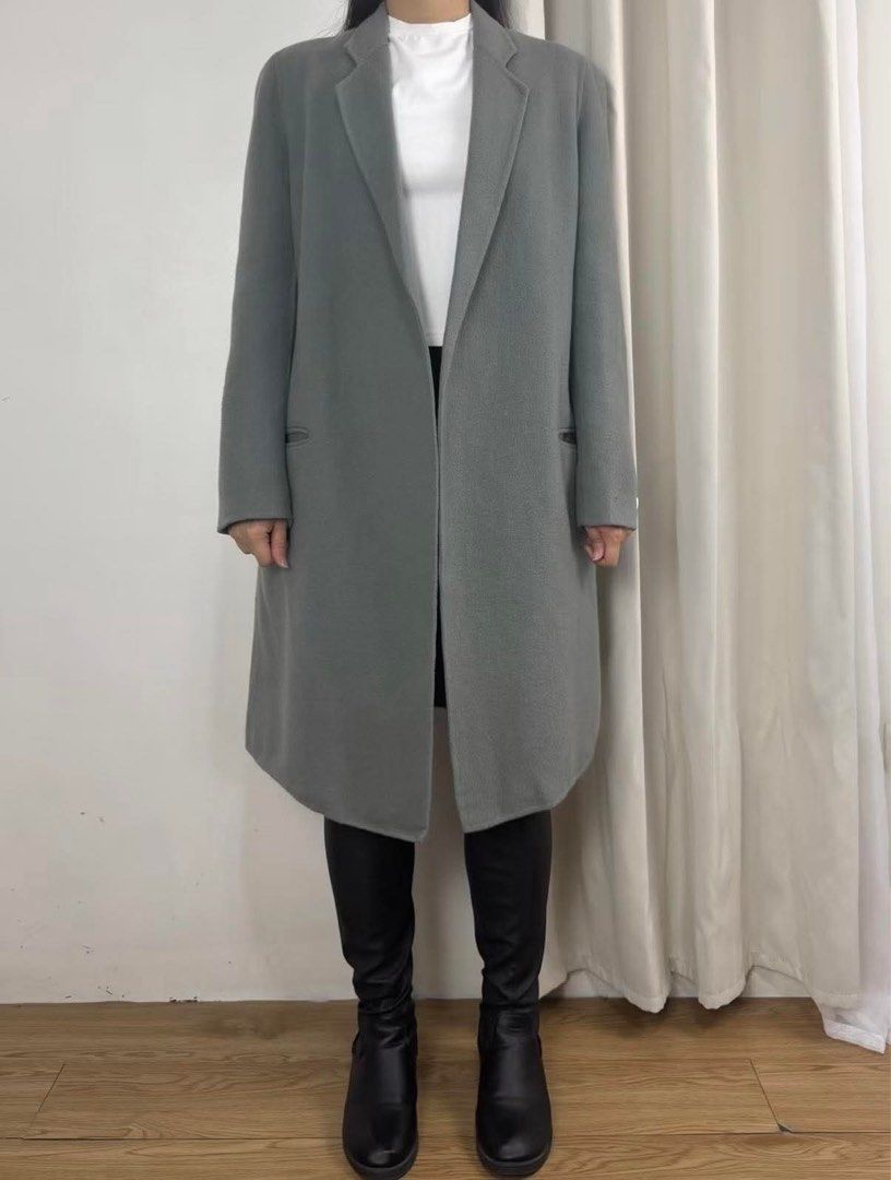 Gray Wool Long Coat (Category: Coats, Jackets and Outerwear) located in Makati City. Submitted by dabanana_ (Listing ID 1469255257, Image 1). Description: Selling for a friend! Women’s long coat - Color: Muted greenish grey - Size: Tagged Size 1 - Fits up to L -Washed and ready to wear RFS: bought online (ig shop).
