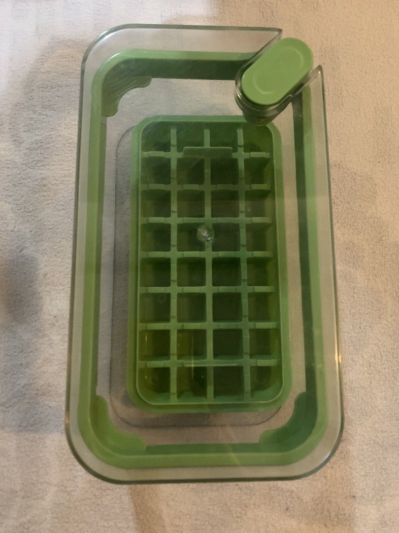 Green and Clear Ice Cube Tray with Storage Box (Category: Food Organization & Storage) located in Baguio. Submitted by grazia.ivy (Listing ID 1469302149, Image 1). Description: - Color: Green grid tray with clear storage container - Includes: Ice tray, container, lid, and green top handle - Function: Convenient setup for making and storing ice cubes - Condition: Clean and simple kitchen accessory ready for your freezer.