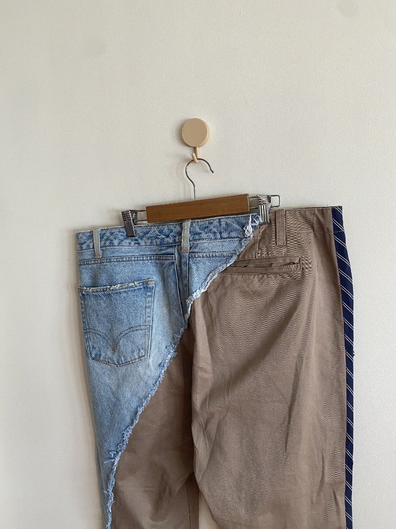 Greg Lauren Hybrid Distressed Pants (Category: Jeans) located in Abucay. Submitted by jamesnike21 (Listing ID 1469243790, Image 3). Description: 📌50/50 hybrid construction - half tan cotton chino, half vintage light-wash Levi's denim, cut on a diagonal and left with raw frayed edges 📌Details: drawstring waist with belt loops, distressed / ripped, front hand pockets, striped shirting tape down the sides with snap buttons, classic slim fit 📌exce