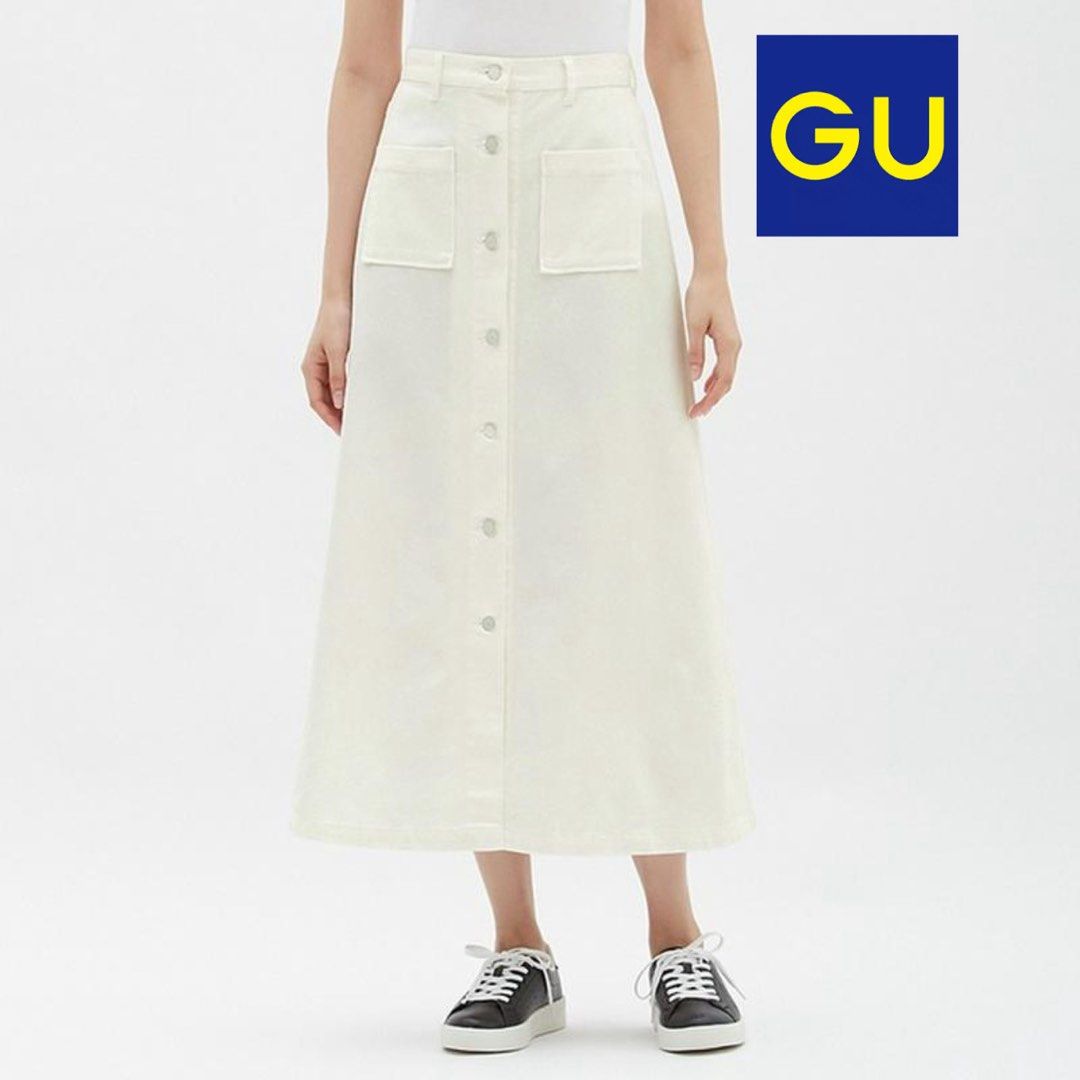 GU White Denim Button Front Skirt (Category: Skirts) located in Muntinlupa City. Submitted by caroucella (Listing ID 1469219412, Image 1). Description: GU Classic White A-line skirt with front button Two front pockets, belt loops, and clean back design with center seam Excellent condition Tag says M but fits S Waist 26 inches.