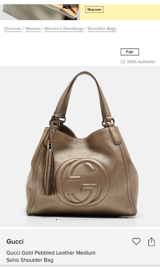 Gucci gold pebbled leather medium Soho shoulder bag (Category: Luxury Bags & Wallets) located in Puerto Princesa. Submitted by lotsstuff (Listing ID 1469266879, Image 2). Description: Well-maintained with minor scuffs/darkening/creases in some areas, slight cracks on exterior, snagging on handle(s) & wear on metal. Hardware Gold Tone Exterior Material Leather Interior Material Canvas Origin Italy Color Gold Style Gucci Soho Length 35 cm Width 18 