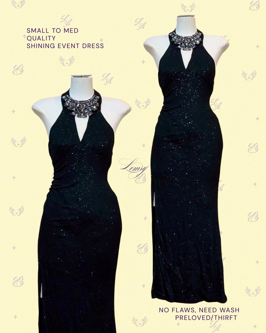 halter sparkly beaded evening dress (Category: Evening dresses & gowns) located in Baguio. Submitted by boughtoomuch (Listing ID 1469335497, Image 1). Description: - Style: Black glitter event dress with subtle shimmer - Details: Halter neck, embellished collar, and thigh-high side slit - Fit: Best fits small to medium frames - Note: Needs a quick wash before wearing.