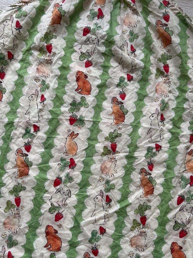 halter-neck sundress 6T (Category: Babies & Kids Fashion) located in Cebu City. Submitted by yjainani (Listing ID 1469226118, Image 3). Description: featuring a green-and-white stripe pattern with a bunny and strawberry print.