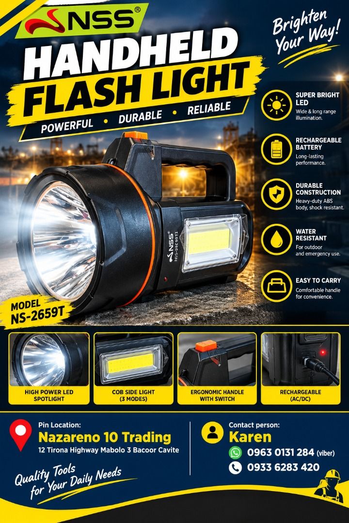 Handheld Flash Light (Category: Looking For) located in Bacoor. Submitted by kajezame.2021 (Listing ID 1469203523, Image 1). Description: Handheld Flash Light For More Details and Discount Contact Ms. Karen NAZARENO 10 TRADING 0963 0131 284 0933 6283 420 0956 7028 557 0933 8559 510 Landline: Look for Ms. Karen (046 ) 416 3920 Also available: • Traffic cone • Parking Block stopper • Hooded trash bin • Road Plastic Barrier • Spill boom • Fishing bu