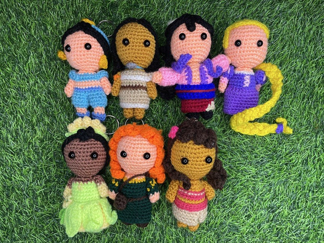 Handmade Disney Princess Crochet Keychain Dolls (Category: Plushies & Soft Toys) located in Quezon City. Submitted by gq.packagingsupplies.ph (Listing ID 1469256121, Image 1). Description: Jasmine Pocahontas Mulan Tiana Rapunzel Merida Moana.