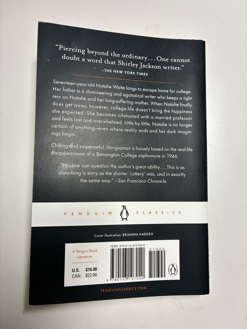 Hangsaman by Shirley Jackson (Penguin Classics) (Category: Storybooks) located in Manila. Submitted by ellacortezzz (Listing ID 1469247135, Image 2). Description: - Title: Hangsaman by Shirley Jackson - Edition: Penguin Classics paperback with striking cover illustration by Brianna Harden - Plot: A dark, psychological story following 17-year-old Natalie Waite heading off to college, inspired by a real-life 1946 disappearance - Condition: Clean pa