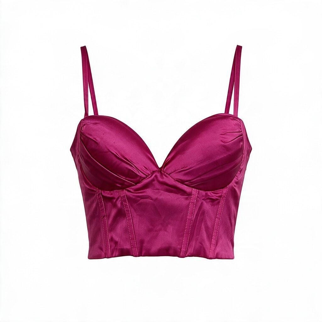Hello Molly Mia Crop Fuchsia (Category: Sleeveless) located in Batangas. Submitted by wearmegals (Listing ID 1466084373, Image 1). Description: - Brand: Hello Molly (Mia style) - Material: Smooth satin with sweetheart neckline - Fit features: Structured front boning, smocked elastic back panel, and thin adjustable straps - Condition: Worn once - Small on tag but can fit up to med body size.