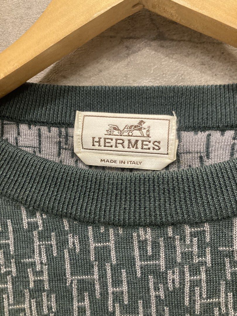 Hermes Men's Green Patterned Crewneck Sweater Size L (Category: Coats, Jackets and Outerwear) located in Quezon City. Submitted by janisu0303 (Listing ID 1469355924, Image 2). Description: - Brand: Hermès - Style: Crewneck sweater with textured micro pattern - 20 x 26 - 7500 php - Color: Dark Green - Size: Large (L) - Origin: Made in Italy - Details: Long sleeves, ribbed cuffs and hem - Care: Dry clean only.