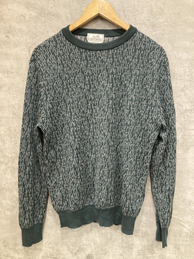 Hermes Men's Green Patterned Crewneck Sweater Size L (Category: Coats, Jackets and Outerwear) located in Quezon City. Submitted by janisu0303 (Listing ID 1469355924, Image 3). Description: - Brand: Hermès - Style: Crewneck sweater with textured micro pattern - 20 x 26 - 7500 php - Color: Dark Green - Size: Large (L) - Origin: Made in Italy - Details: Long sleeves, ribbed cuffs and hem - Care: Dry clean only.