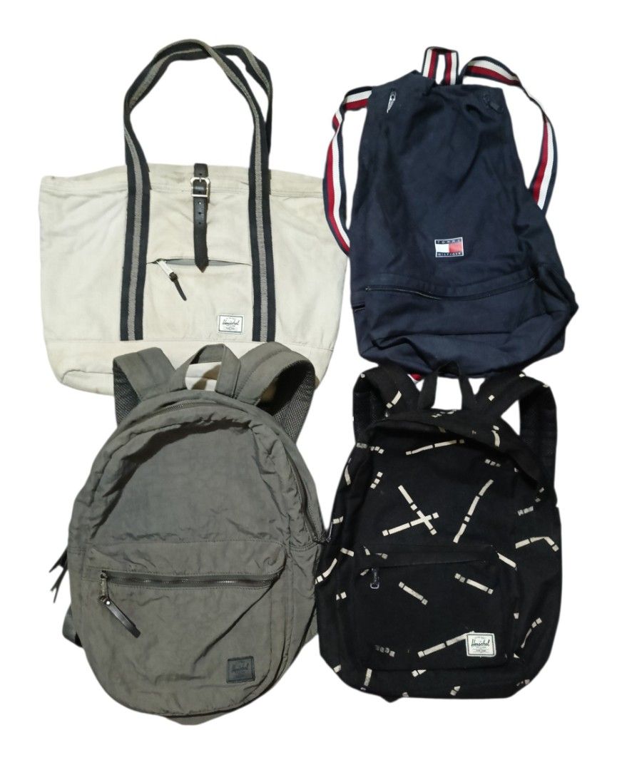 Herschel and Tommy Hilfiger Bags Bundle (Category: Sling Bags) located in Quezon City. Submitted by lootsniwoah_12 (Listing ID 1469176637, Image 1). Description: - 4-piece bag bundle including 2 Herschel backpacks, 1 Herschel tote, and 1 Tommy Hilfiger drawstring backpack - ASPACK: ₱1,200 (APAT NAYAN) - IN GOOD CONDITION PA LAHAT YAN..