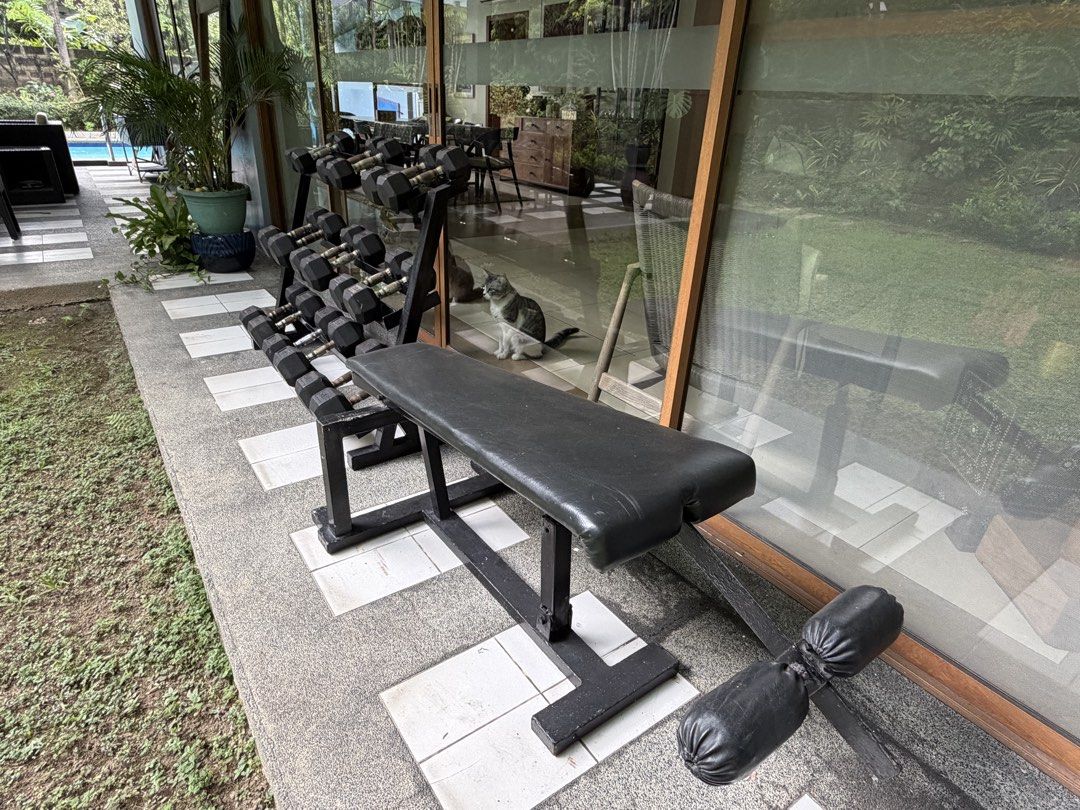 Hex Dumbbell Set with Rack and Adjustable Bench (Category: Weights & Dumbbells) located in Makati City. Submitted by sellebrity88 (Listing ID 1469223983, Image 3). Description: - Complete home gym equipment bundle in heavy-duty black finish - Includes a sturdy 3-tier dumbbell rack - Dumbbells range from light weights up to 50 lbs - Adjustable workout bench featuring comfortable leg rollers - Premium solid metal and rubber construction for long-la