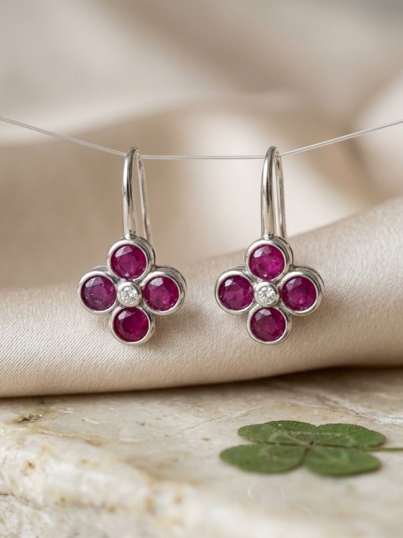 HIGH QUALITY Natural Burmese Four Leaf Clover Ruby Dangling Earrings (UV REACTIVE!) (Category: Earrings) located in Mandaluyong City. Submitted by allaboutgemsandco (Listing ID 1469169494, Image 1). Description: HIGH QUALITY Natural Burmese Four Leaf Clover Ruby Dangling Earrings (UV REACTIVE!) Stone Size: 3mmx3mm*8 stones Price: Php 600 add shipping fee for less than Php 1000 REASON FOR SALE: Clearing out my collection. Bought from Myanmar. See 