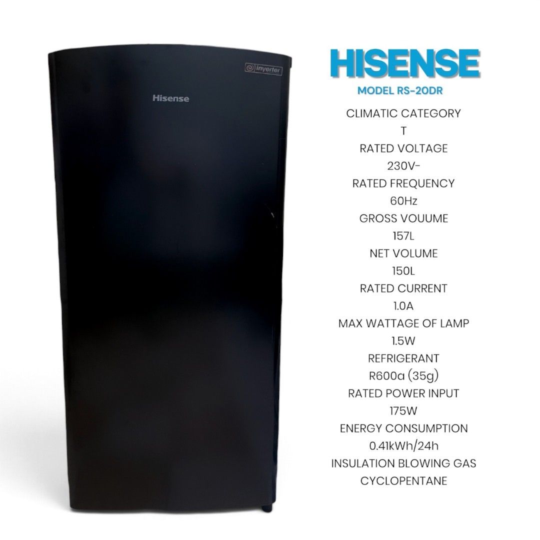 HISENSE SINGLE DOOR REFRIGERATOR (5.5 cu.ft.) (Category: Other Home Appliances) located in Quezon City. Submitted by siricaaron (Listing ID 1469312816, Image 1). Description: MODEL RS-20DR CLIMATIC CATEGORY T RATED VOLTAGE 230V- RATED FREQUENCY 60Hz GROSS VOUUME 157L NET VOLUME 150L RATED CURRENT 1.0A MAX WATTAGE OF LAMP 1.5W REFRIGERANT R600a(35g) RATED POWER INPUT 175W ENERGY CONSUMPTION 0.41kWh/24h INSULATION BLOWING GAS CYCLOPENTANE bought la