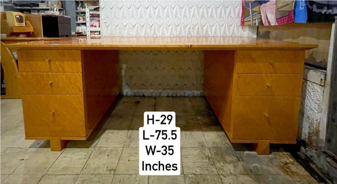 Hollywood Regency Style Office Desk Study Table (Category: Office Furniture & Fixtures) located in Quezon City. Submitted by dannikkishoppe2 (Listing ID 1469237745, Image 2). Description: Hollywood Regency Style Office Desk Study Table‼️₱14000‼️ 🇯🇵 Quality Japan Surplus 🇯🇵 💎 Glossy Blonde Burl Wood Finish 📏 Size: 75.5” L × 35” W × 29” H 🗄️ Spacious drawers for your office essentials ✨ Classy design with timeless elegance Please manage your