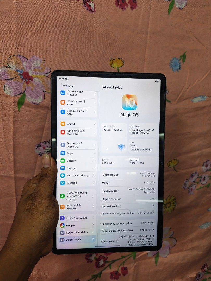 HONOR PAD X9A 6/128GB WIFI COMPLETE (Category: Android) located in San Juan City. Submitted by ABTGadgets (Listing ID 1469283624, Image 3). Description: SALE OR SWAP SA LOWER UNIT+ CASH 12,500 NEGOTIABLE WIFI VARIANT MAKINIS / NO DENTS NO HIDDEN ISSUE TESTO TO SAWA QUICK SPECS: 120hz FAST DISPLAY SNAPDRAGON 685 MAIN CAMERA 8MP SELFIE CAMERA 5MP 8300mAh BATTERY 35w FAST CHARGER INCLUSION:UNIT,KEYBOARD,CHARGER,BOX SAME SERIAL CAN DO DELIVERY + SF A