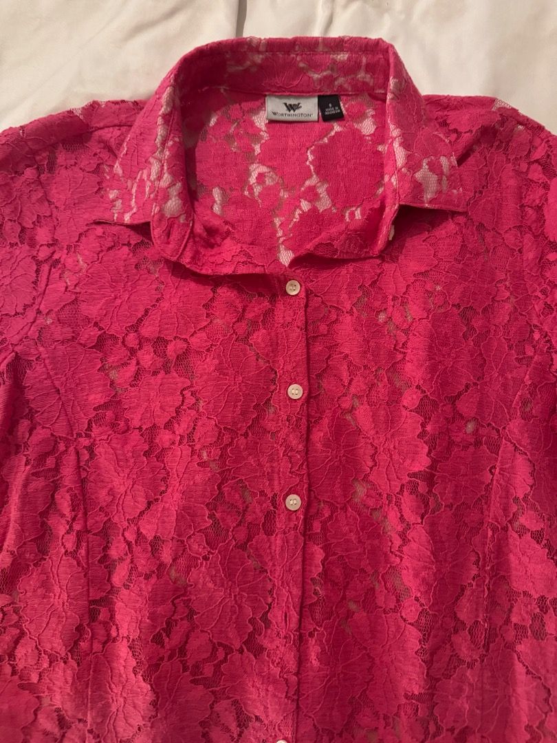 Hot Pink Lace Button-Up Shirt Small (Category: Blouses) located in Cebu City. Submitted by txproj27 (Listing ID 1469216391, Image 3). Description: - Color: Bright hot pink - Material: Lightweight sheer floral lace - Design: Short sleeves, classic collar, and white front buttons - Style: Chic button-up shirt perfect for layering - Condition: Great pre-loved condition (Tag intact).