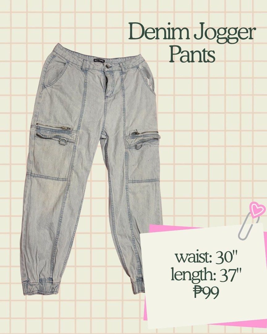 Hot Topic Light Wash Denim Jogger Pants (Category: Jeans) located in Manila. Submitted by dreaeaeaeaea (Listing ID 1469249305, Image 1). Description: - Brand: Hot Topic - Style: Light wash denim jogger pants - Size: Waist 30 inches, Total length 37 inches - Details: Zippered cargo pockets on thighs with metal ring hardware, vertical front leg paneling, button and zip fly closure - Fit: Elastic cuffs at ankles - Condition: Great find, perfect for 