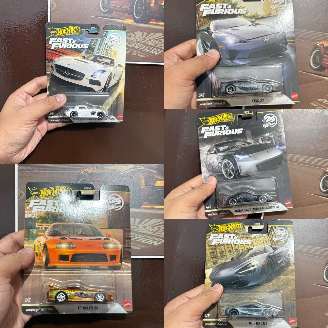 Hot Wheels Fast & Furious Chase Premium Car Assorted Set (Category: Vehicle & Diecast Models) located in Manila. Submitted by fierceocean-66f4 (Listing ID 1469305739, Image 1). Description: - Complete Hot Wheels Premium Fast and Furious 5-car set - Includes: Toyota Supra, Mercedes-Benz SLS AMG Coupe, Lexus LFA, Nissan 350Z Custom, and McLaren 720S - Scale: 1:64 die-cast models - Condition: Brand new, unopened blister cards - Packaging: Features e