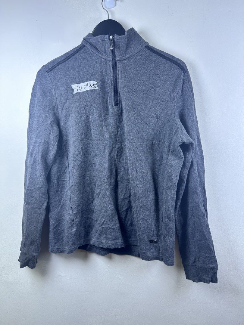 Hugo Boss Grey Quarter Zip Sweater (Category: Coats, Jackets and Outerwear) located in Manila. Submitted by declutterpromax (Listing ID 1469215650, Image 1). Description: - Brand: Boss - Color: Grey - Style: Quarter-zip sweater with high mock neck - Details: Ribbed knit texture all over, black Boss logo zipper pull, metal logo tag near hem, and dark shoulder piping - Pit-to-Pit: 21 inches - Length: 24 inches - Sleeve Length: 23 inches - Condition