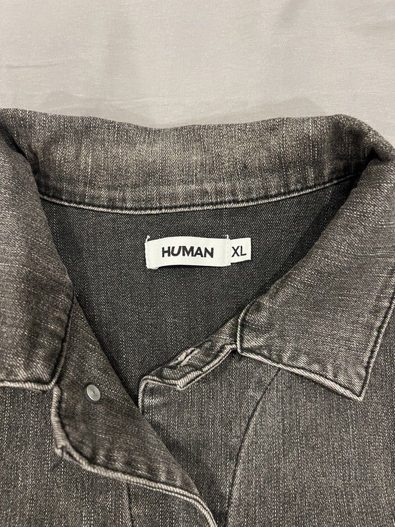 HUMAN Grey Denim Jacket Size XL (Category: Coats, Jackets and Outerwear) located in Santa Rosa. Submitted by truecat.9d0628 (Listing ID 1469320985, Image 2). Description: - Brand: HUMAN - Size: XL - Color: Washed grey - Material: Heavy denim - Features: Classic button-up front, metal buttons, two buttoned chest pockets, and button cuffs - Condition: Clean stitching throughout, excellent quality.