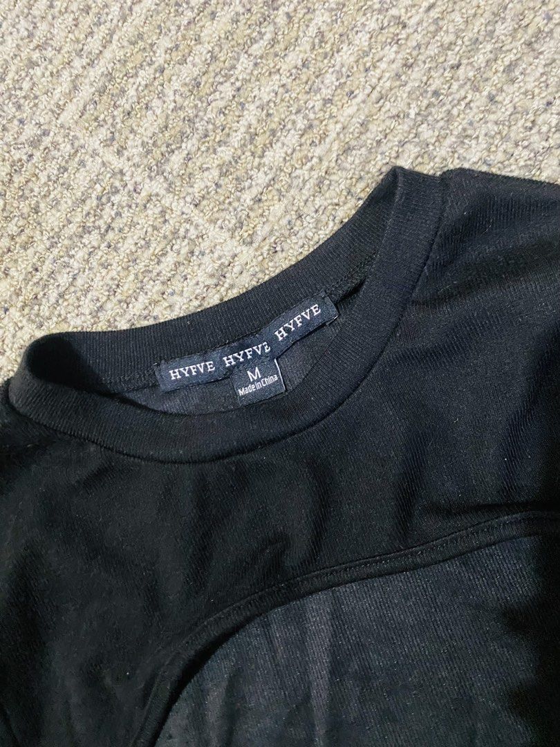 HYFVE Black Long Sleeve Crop Top Size M (Category: Longsleeves) located in Marikina City. Submitted by jessylady10 (Listing ID 1469333779, Image 3). Description: - Brand: HYFVE - Size: Medium - Color: Black - Design: Cut-out chest with sheer panel overlay, round neckline, long sleeves - Origin: Made in China - Condition: Mild wear under close inspection - Styling: Great for layered outfits or evening looks Gcash payment, Lalamove delivery.