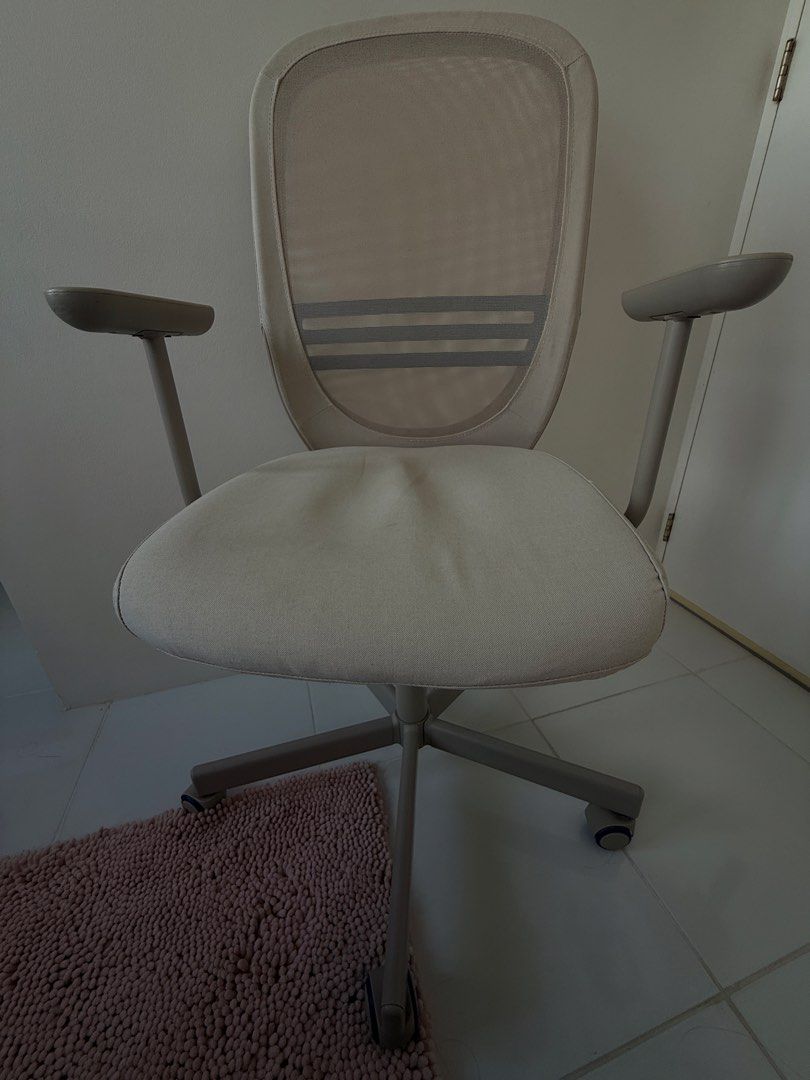 IKEA Flintan Office Chair Beige (Category: Office Furniture & Fixtures) located in Santa Rosa. Submitted by shopaholicscastle (Listing ID 1469163659, Image 1). Description: - Color: Neutral beige - Backrest: Breathable mesh for all-day comfort - Adjustability: Smooth height adjustment mechanism and adjustable armrests - Mobility: Smooth rolling casters on a sturdy five-star base - Condition: Comfortable seat cushion with minor wear from normal us
