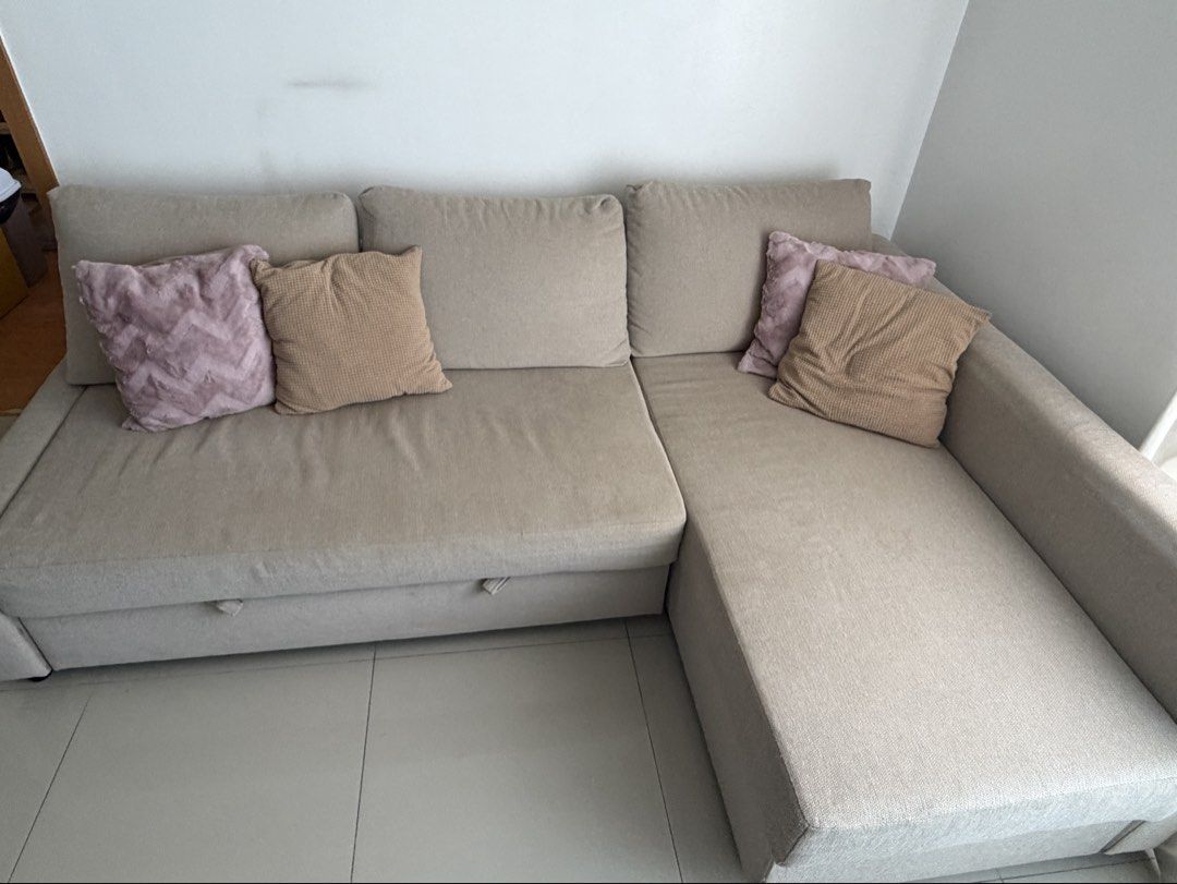 IKEA Friheten Beige Sofa Bed with Storage (Category: Sofas) located in Manila. Submitted by r_trisha (Listing ID 1469200564, Image 3). Description: Original Price: ₱25,999 Depth 151 cm (59 1/2 “) Bed width 140 cm (55 1/8 “) Bed length 204 cm (80 3/8 “) Height including back cushions 86 cm (33 7/8 “) Backrest height 66 cm (26 “) Width 230 cm (90 1/2 “) Rush Sale | Pick up c/o buyer DM for further details .