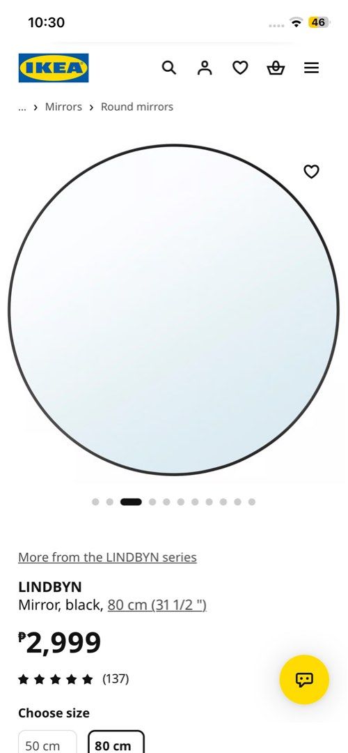 IKEA LINDBYN Round Mirror Black 80cm (Category: Mirrors) located in Taguig. Submitted by _abbyscloset_ (Listing ID 1469176982, Image 1). Description: - Brand/Model: IKEA LINDBYN Round Mirror - Color/Finish: Sleek Black - Size: 80 cm diameter - Design: Modern minimalist with a thin metal frame and clean glass - Ideal for: Vanity desks, bathrooms, bedrooms, or hallways - Condition/Status: Ready to hang, sturdy construction.
